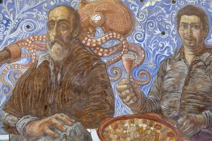 mural with schizophrenic old man sitting at table with pizza and octopus in background